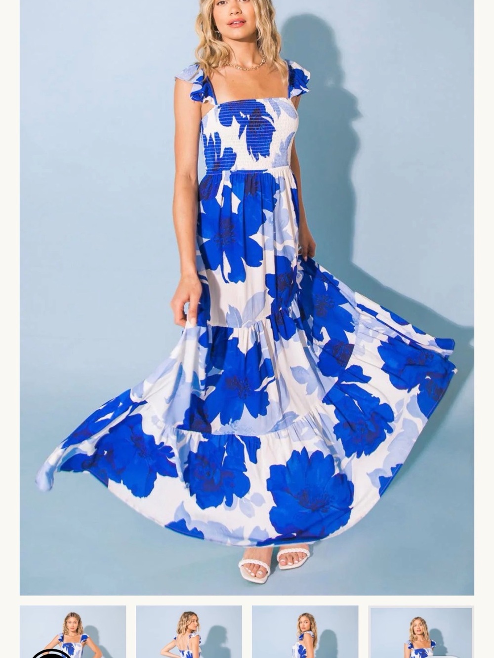 Flying Tomato Blue and White Floral Smocked Maxi Dress
